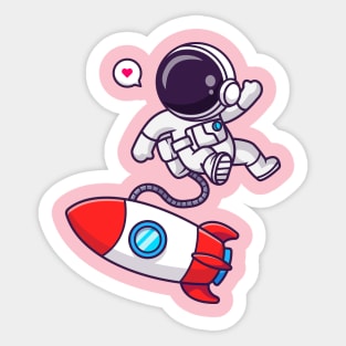 Cute Astronaut Floating With Rocket In Space Cartoon Sticker